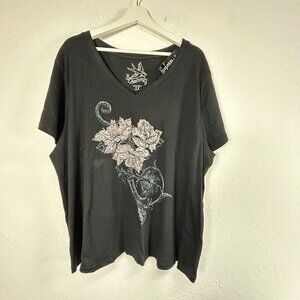 Assoluto Womens Size 3X Black V-Neck Floral Short Sleeve T-Shirt 100% Cotton New